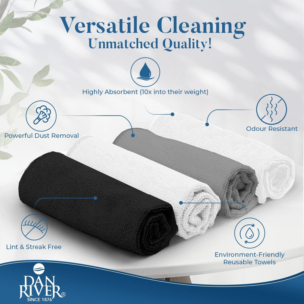 DAN RIVER 12-Pack Microfiber Towels – Ultra Absorbent, Lint-Free & Streak-Free Detailing Towels for Home, Car & Kitchen - Must-Have Cleaning Essentials - 12" x 12" - Gray White Black