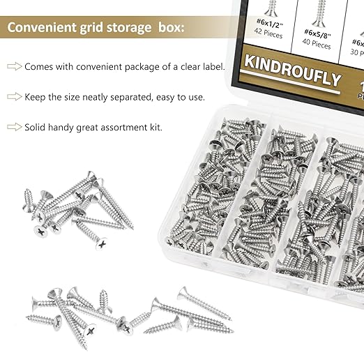 162 Pieces #6 x 1/2" 5/8" 3/4" 1" 1-1/4" Phillips Countersunk Head Self-Tapping Screws, Wood Screws Assortment Kit, 304 Stainless Steel