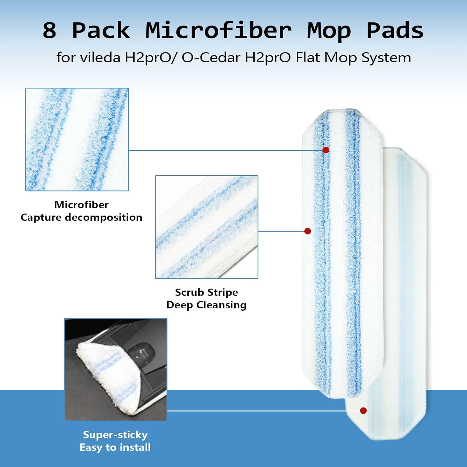 8 Pack Replacement Pads for O-Cedar H2prO Flat Mop System, Microfiber Flat Pads for O Cedar H2prO Flat Mop, Machine Washable/ Reusable, Powerful Stain Removal, for Hardwood, Tile, Marble, Baseboards.