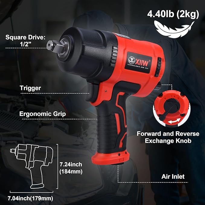 1/2 Inch Air Impact Wrench, Max Torque 1560 ft-lbs, lightweight 4.4 lb Design, Air Impact Gun Includes 11 Pcs CR-V Steel Impact Socket Set and Storage Case, Twin Hammer 8000RPM for Automobile Repair