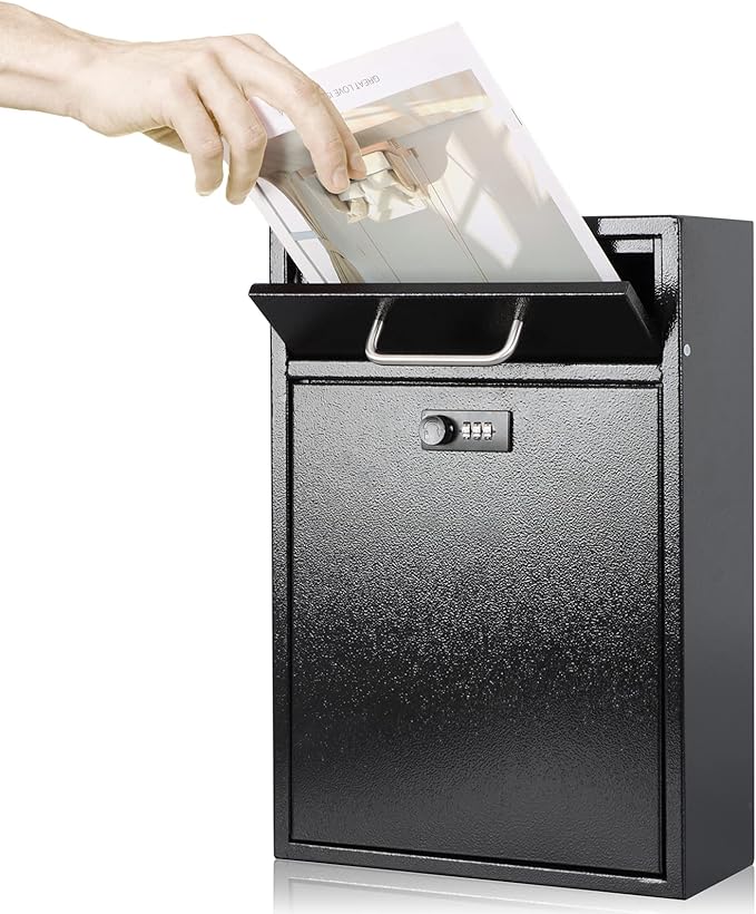 KYODOLED Steel Combination Lock Mail Boxes Outdoor, Locking Wall Mount Mailbox,Security Lock Drop Box, Collection Boxes,16.2H x 11.22L x 4.72W Inches, Black X Large