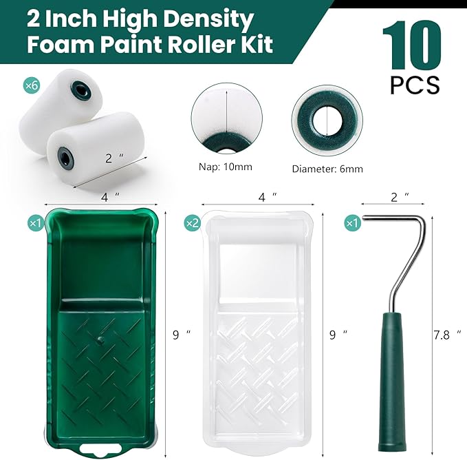 Foam Paint Roller, 2 Inch 10 Pack Small Paint Roller Kit with High-Density Foam Paint Roller, Paint Tray, Paint Tray Liner, Roller Frame, Mini Paint Roller for Painting Corners