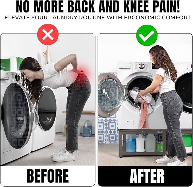 Washer and Dryer Pedestals - 29" W, 16" H, Gray Steel Universal Fit with Major Brands, Leak-Proof Laundry Pedestal with Drain Pan & Hose, Washer and Dryer Stand for Back Pain Relief, 800 lbs Capacity