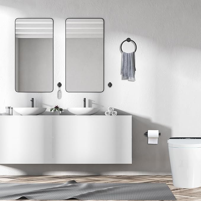 4-Piece Matte Black Bathroom Hardware Accessories Set,Black Towel Ring Set Toilet Paper Holder,Robe Hooks,Stainless Steel Wall Mounted Rustproof Modern Bathroom Set