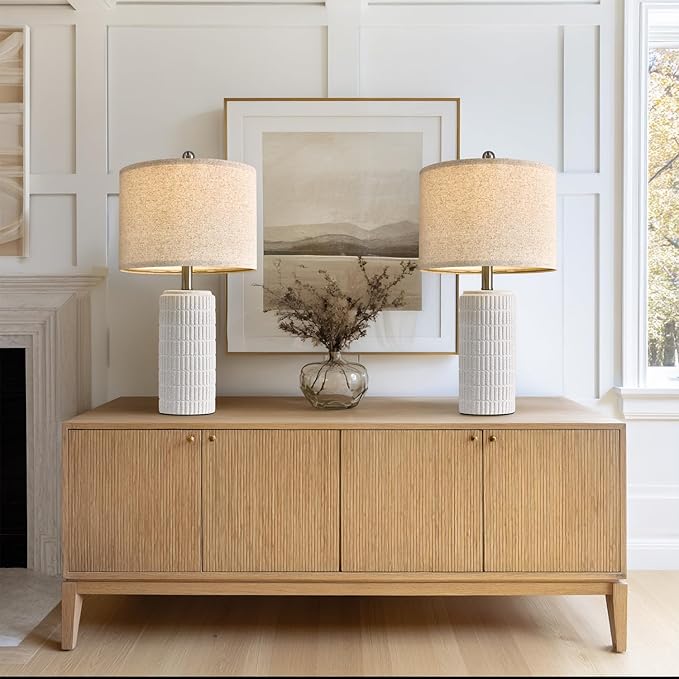 PoKat 24" Farmhouse Ceramic Table Lamps Set of 2 for Bedroom, White Stone-Like Bedside Lamps for Night Stands, Matte-Textured Decor Nightstand Table Lamps for Living Room End Table White