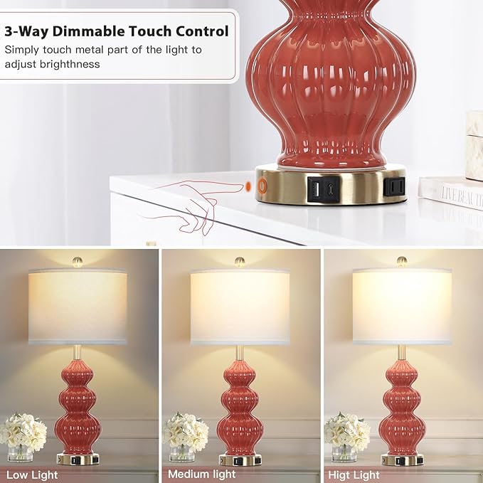 Triple Gourd Ceramic Table Lamps Set of 2, Modern Orange Bedside Lamps with USB A+C Ports & AC Outlet, 3 Way Touch Control Contemporary Nightstand Lamps for Bedroom Living Room