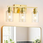 EMONG Gold Bathroom Light Fixtures, 3-Lights Vanity Light with Clear Glass Shade, Brushed Brass Wall Sconce for Hallway, Farmhouse, Living Room