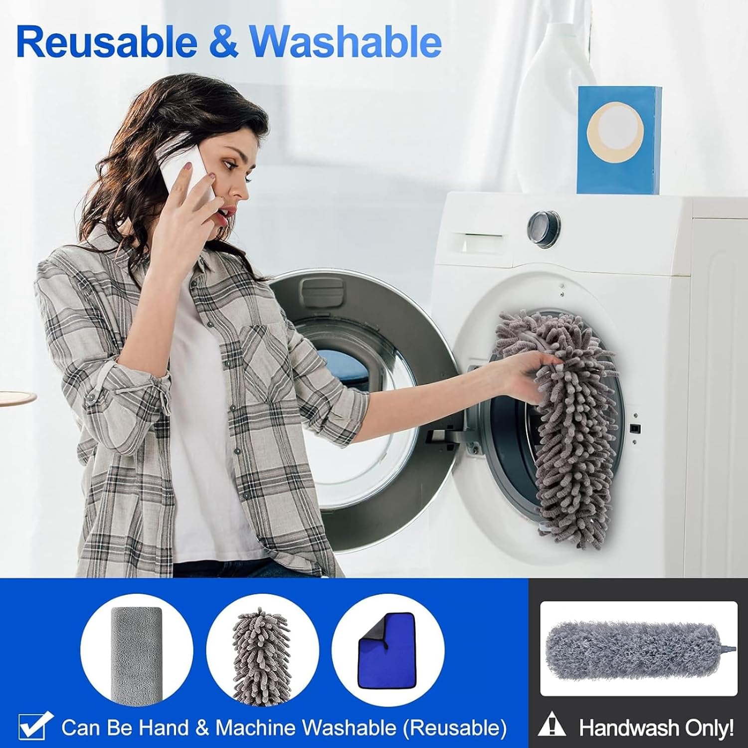 7 Pcs Microfiber Feather Duster with 100-inch Telescopic Extendable Pole, Washable and Reusable Cobweb Duster Kit, Dusters for Cleaning High Ceiling,Fan,Furniture,Blinds