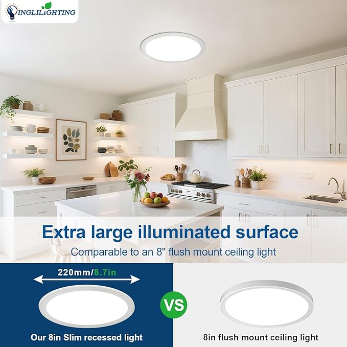 DLLT LED Recessed Ceiling Light: 24 Pack 8 Inch Slim Recessed Lighting for Kitchen - 5CCT Dimmable Canless Wafer Downlight for Living Room - 1800LM Brightness 18W LED Can Lights for Bedroom ETL FCC