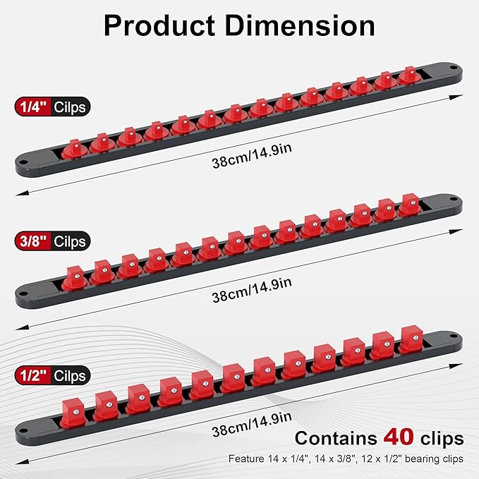 FivePears 3PCS 360° Socket Organizer Twist Lock,3/8 1/4 1/2 Socket Storage Rails, Premium Quality Socket Holders for Tool Box ，Tool Carts，Contains up to 40 Clips (Blue, Red and Black)