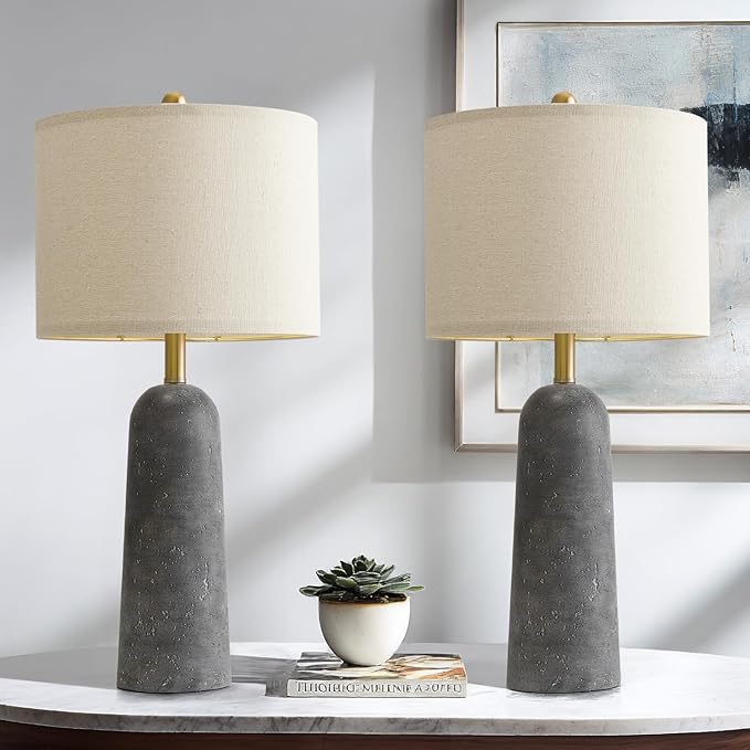 BOBOMOMO 27.25" Travertine Lamp Set of 2, Modern Lamps for Living Room with Linen Shades, Gray Resin Table Lamp with Natural Stone Look, Nightstand Lamp for Bedroom, Living Room, Entryway