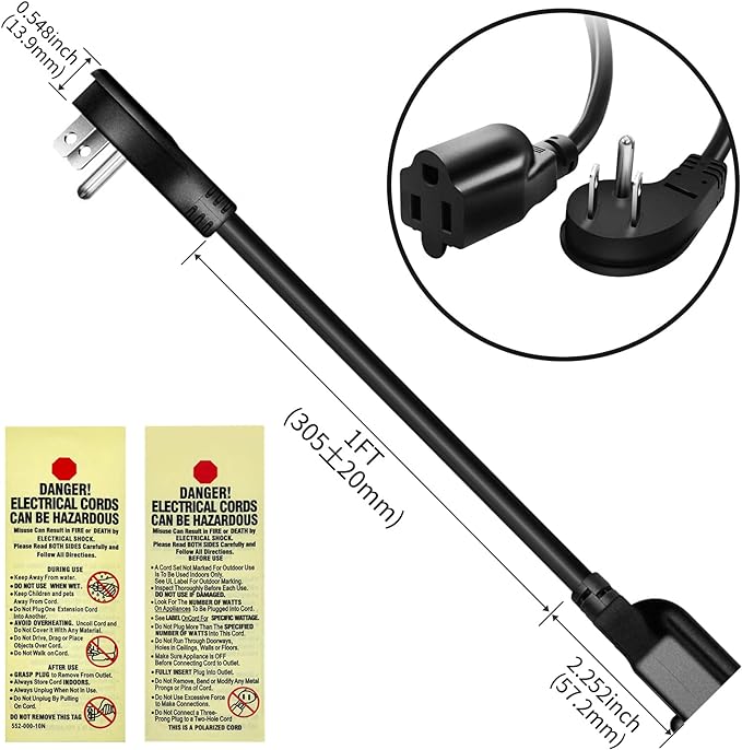 Miady Flat Plug Extension Cord 1 Ft, 90 Degree Plug Adapter, 3 Prong Grounded Wire Short Angle Power Cable Black ETL Listed (2-Pack, 13 Amp, 125 Volts, 1625 Watts)