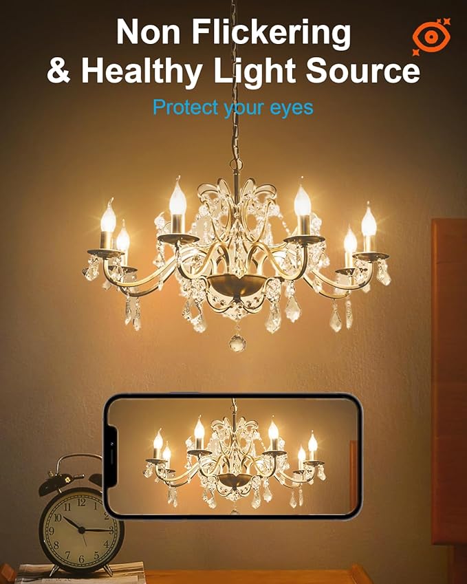 60W Candelabra Light Bulbs, E12 B10 Clear Candle Base Bulb with Warm White 2700K, 600 Lumen Dimmable, 120V Incandescent Chandelier Light Bulbs for Pendants, Ceiling Fan, Wall Sconces (12-Pack)