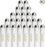 25 Pack T8 Fluorescent Bulbs 4 Foot, F32T8/865 Fluorescent Light Bulb 48 Inch 32 Watt 6500K Daylight 2500 Lumens G13 Base