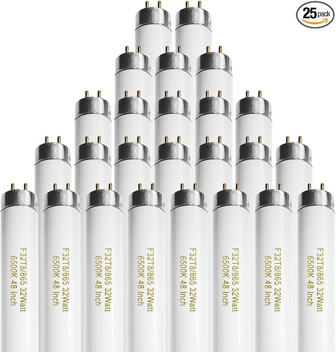 25 Pack T8 Fluorescent Bulbs 4 Foot, F32T8/865 Fluorescent Light Bulb 48 Inch 32 Watt 6500K Daylight 2500 Lumens G13 Base