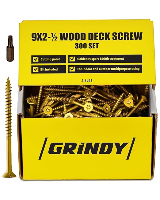 #9 x 2 1/2" Wood Screws by Grindy (300 Pack/2.6LBS) – Self-Drilling Deck Screws I Rust Resistant I Quick Drive & Fast Grip I for Cabinet, Furniture & Other Projects I Bit Included