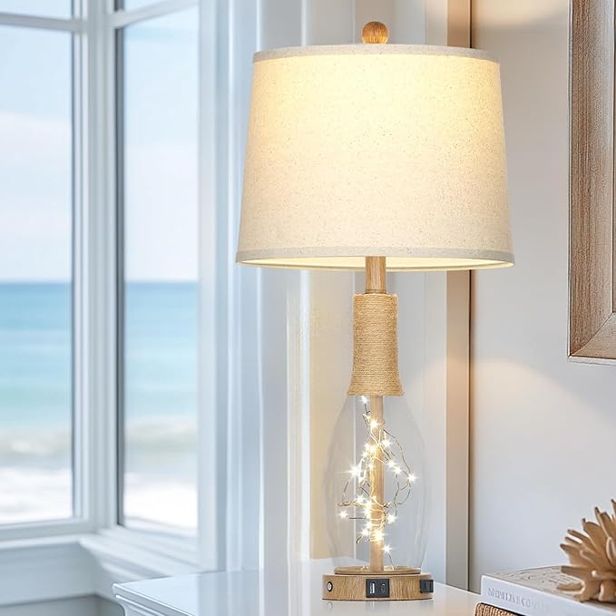 28" Coastal Table Lamps for Bedroom Set of 2, Farmhouse Glass Lamps with 3-Way Dimmable Touch Control Fairy Lights & Type-C Charging for Living Room Nightstand, Beach Nautical Bedside Lamp Rustic Wood