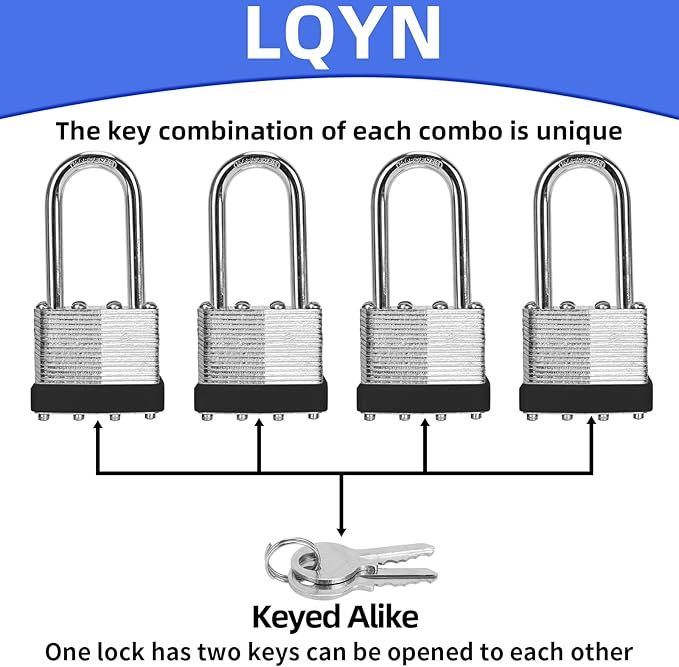 Padlocks with Same Key, LQYN 100 Pcs Laminated Keyed Padlock (1-9/16", 40mm), Keyed Alike Locks, Long Shackle, for Storage Locker, Hasp Latch, Toolbox, Sheds