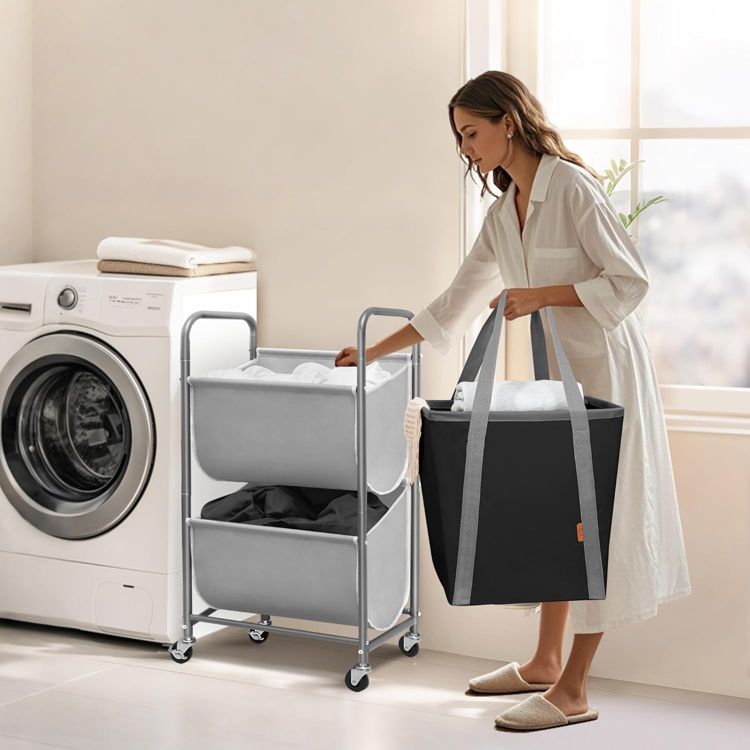 STORAGE MANIAC 80 Liters Vertical Rolling Laundry Hamper, 2 Section Laundry Sorter with Wheels and 2 Breaks, 2-tier Laundry Baskets for Small Space, Dorm, Laundry Room, Closet, Bathroom, Gray 2-tier