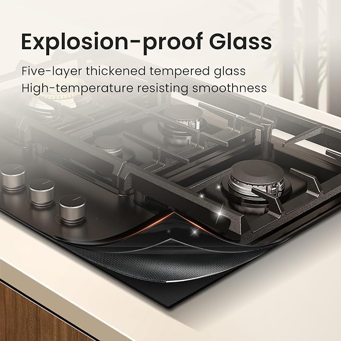FOTILE GLG30401-Y 30” Moonshadow Tempered Glass 4 Gas Cooktop, Tri-Ring 18,000 BTUs Center Burner with Flame Failure Protection Removable Grates and Installation/LP Kit