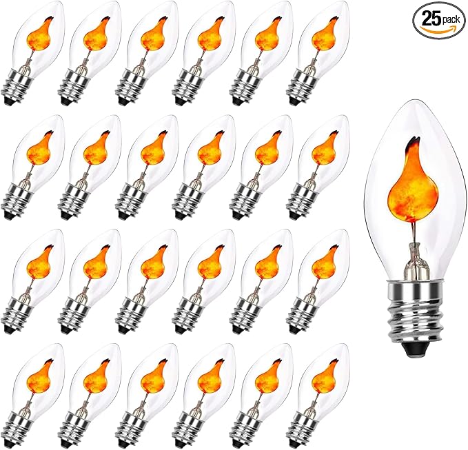 Abeja Flicker Flame Light Bulbs C7 Clear Flame Shape Candelabra Bulbs Fits C7 / E12 Base String Lights, Candelabra Lights, 25Pack