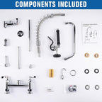 27" Height Commercial Sink Faucet Deck Mount with Pre-Rinse Sprayer, Commercial Kitchen Faucet with 10" Add-on Swing Spout Faucet & Spring Pull Down Sprayer, 8" Adjustable Center Kitchen Faucet