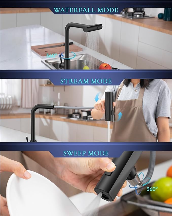 APPASO Touchless Kitchen Faucet with Pull Down Sprayer Matte Black, Waterfall Touchless Motion Sensor Hands-Free, Single Handle for 1 or 3 Holes Sink, Stainless Faucet Black with Easy Installation