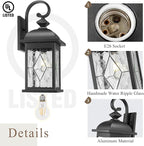 Outdoor Wall Lights Black Exterior Lighting Fixtures with Clear Water Ripper Glass 15 Inch Height Exterior Wall Sconce Light fixtures for House Porch and Garage E26 Socket