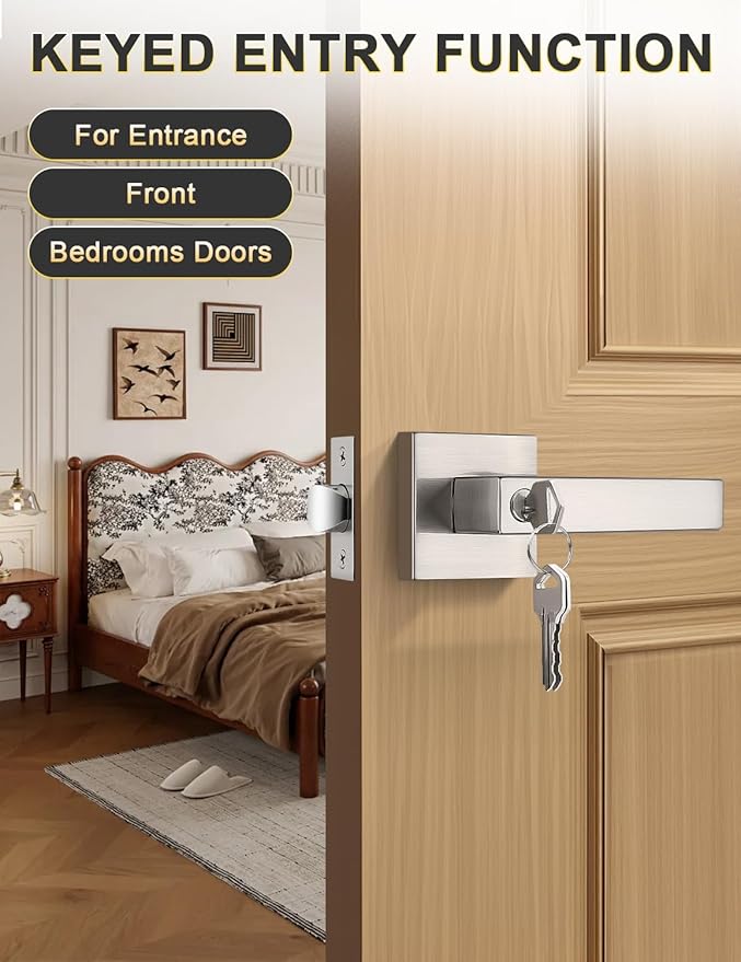 5 Pack Entry Door Levers with Lock and Key, Brushed Nickel Keyed Alike Lockset Combo Pack, Entrance Door Handles for Office and Front Door, Door Knobs Lockset (Each with 3 Keys)