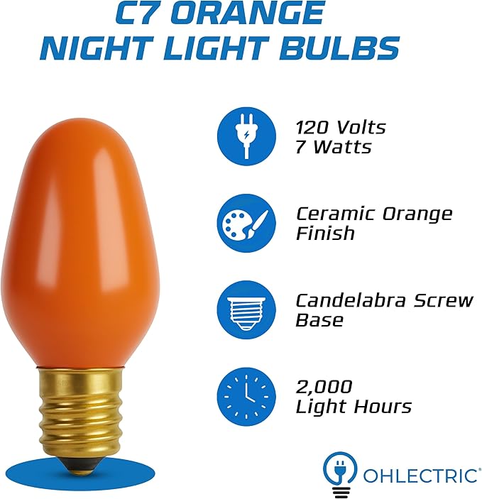OHLECTRIC Halloween Light Bulbs (4 Pack – Orange), 7 Watt Mini Bulbs – E12 Candelabra Base, Non-Dimmable, 120 Volts – C7 Night Light Lamp Replacement Bulb for Salt Lamps, Window Candles, Holiday Decor