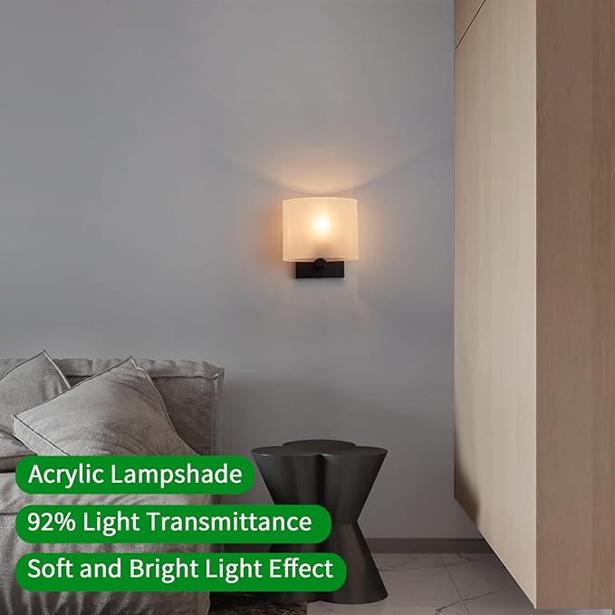 Hardwired Wall Sconces, Modern Acrylic Shade Wall Light Fixture, Black Walls Mounted Lamp with Ceramic Lamp Holder, Classic E26 Bulb Walls Lighting for Bedroom, Living Room, Hallway 【No Bulb Included】