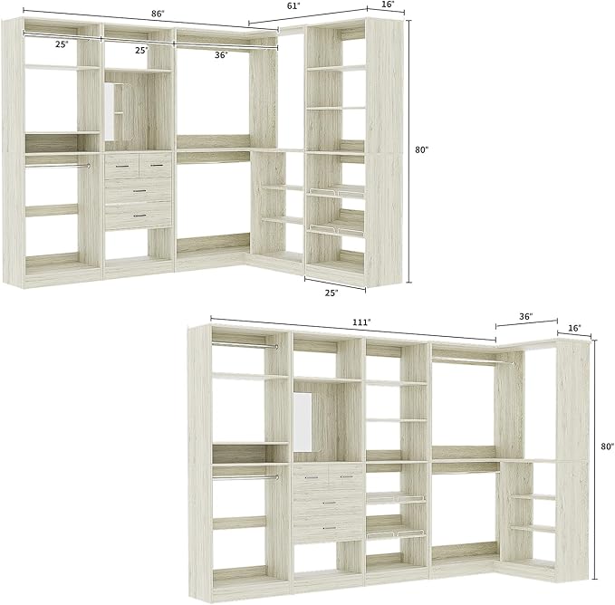 Unikito 110” Closet System with Drawers, 9.3FT Corner Closet Organizer with 4 Hanging Rods, Reversible Large Wood L Shaped Walk in Closets Wardrobe with Shoe Shelves, Set of 4, White Oak