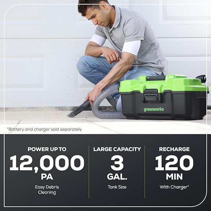 Greenworks 24V Brushless (3 Gallon) Cordless Wet / Dry Shop Vacuum + Accessories, Tool Only
