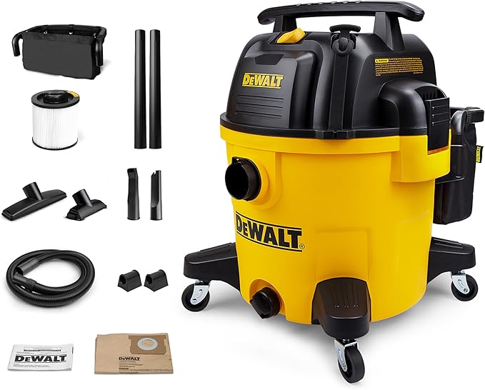 DEWALT 10 Gallon Shop Vacuum Wet and Dry, 5.5 Peak HP Poly Wet Dry Vacuum Cleaner with Attachments, 2-Stage Motor, Portable Handle/Caster with Drain Blower, DXV10PZ for Car, Garage, Workshop, Pet Hair