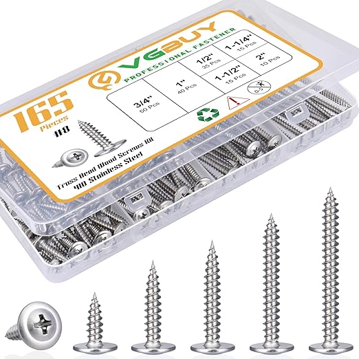165Pcs #8 Modified Truss Head Wood Screws Assortment Kit, Stainless Steel 410 Quick Metal Self Tapping Screws, 6 Sizes (1/2", 3/4", 1", 1-1/4", 1-1/2", 2")