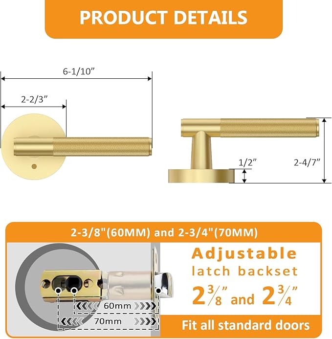 Amerdeco 3 Pack Brushed Gold Door Handles Interior, Knurled Privacy Door Handles with Lock,Heavy Duty Gold Door Lever for Bedroom or Bathroom,Reversible Keyless for Left Right Handed Doors