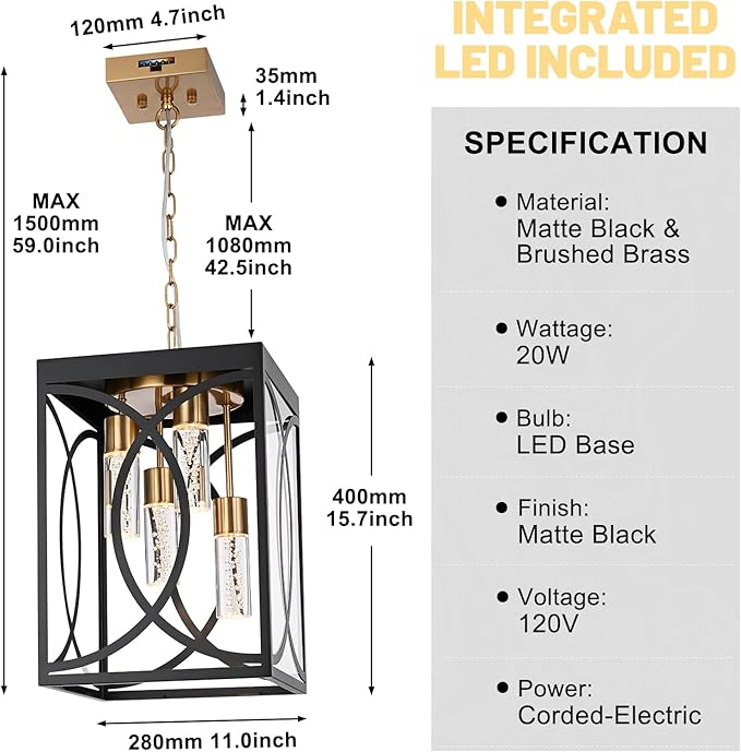 4-Lights Large 5CCT LED Outdoor Pendant Light Fixture, Porch Hanging Lighting Build-in LED Chips, Modern Exterior Lantern Chandelier Ceiling Mount for Patio Front Door