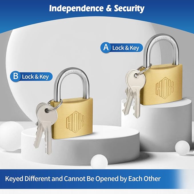 HOX Solid Brass Keyed Different Padlock with 1-9/16-Inch Wide Body, Brass Cylinder - for Hasp Latch, Sheds, Fences, Storage Locker, 12-Pack