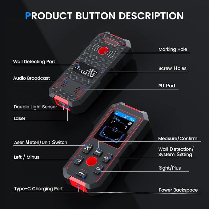 Stud Finder with 196ft Laser Measure, 3 in 1 Electric Wall Scanner Sensor with ±0.1° Digital Level Lithium Battery, LCD Studs Detector Audio Broadcast for Wood Magnetic Metal AC Wire Finding