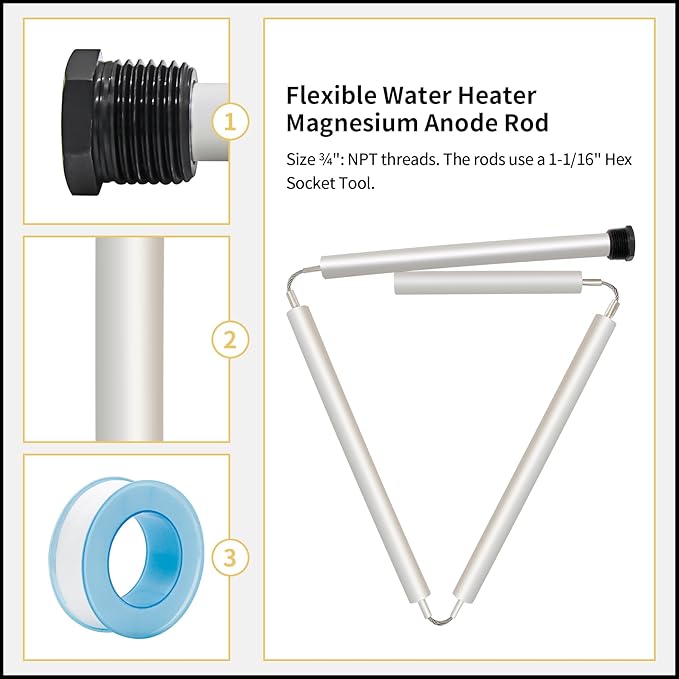 44" Flexible Magnesium Anode Rod, Hot Water Heater Anode Rod Replace for GE, Rheem, Reliance, Richmond, Kenmore Water Heater Including 1-1/16" Hex Socket Tool and Teflon Tape