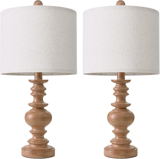BOBOMOMO 20" Rustic Bedside Lamps Set of 2- Vintage Resin Table Lamps for Nightstands with Linen Shades, Farmhouse Lamps for Living Room, Bedroom, and Hallway (Light Brown) - Ideal for Compact Spaces