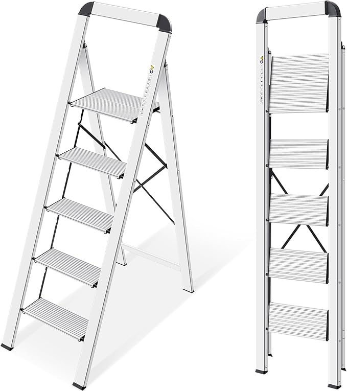 KINGRACK Aluminium 5 Step Ladder, Lightweight Step Stool with Non-Skid Pedals, Handrail, Foldable Step Ladder for Kitchen, Garage, Home, Space Saving, Sturdy and Portable, Silver