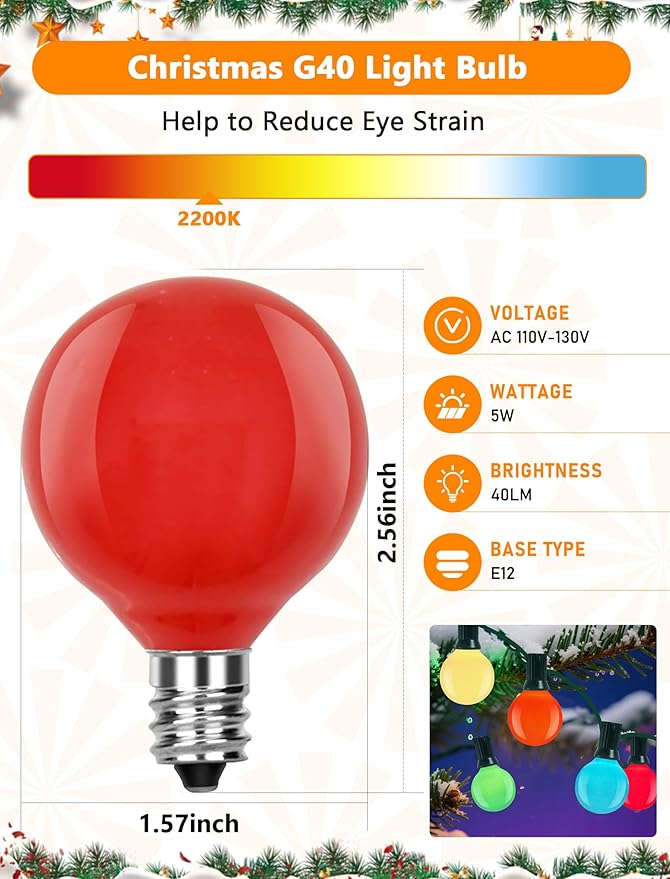 Abeja 25 Pack G40 Multicolor Ceramic Enamel Bulbs, G40 Globe Christmas Replacement Bulbs for Outdoor Patio String Lights, Shatterproof Round Christmas Light Bulbs, E12/C7 Candelabra Base, 5 Watt