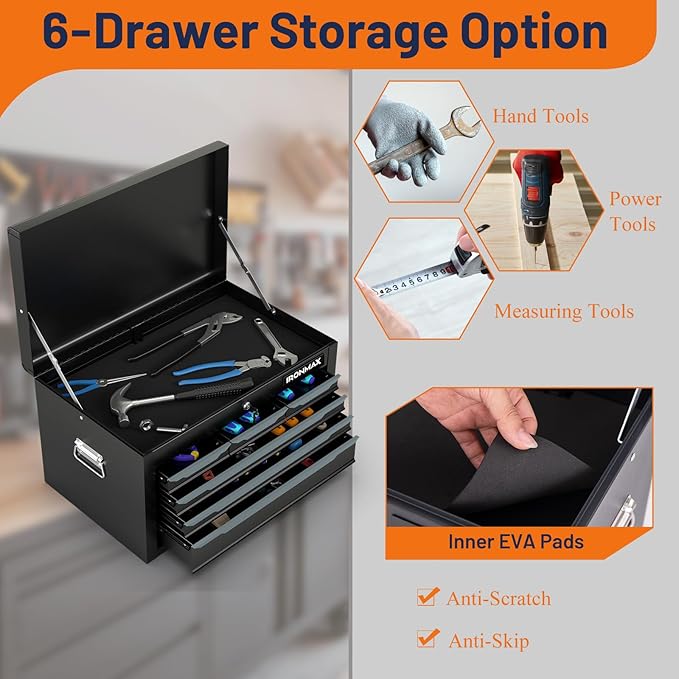 IRONMAX Portable Tool Box, 6 Drawers 24’’ Lockable Tool Storage Organizer Toolbox with Ball-Bearing Slides & Liner, Metal Tool Chest for Warehouse, Garage, Workshop, Household