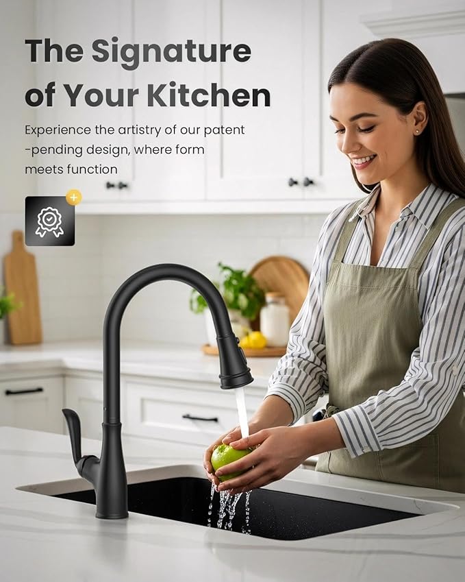 APPASO Matte Black Kitchen Faucet with Pull Down Sprayer, High Arc Single Handle with 3 Modes Spray Head, Neoperl Aerator, cUPC-Certified Pull-Out Hose, Water Supply Tubing & Valve