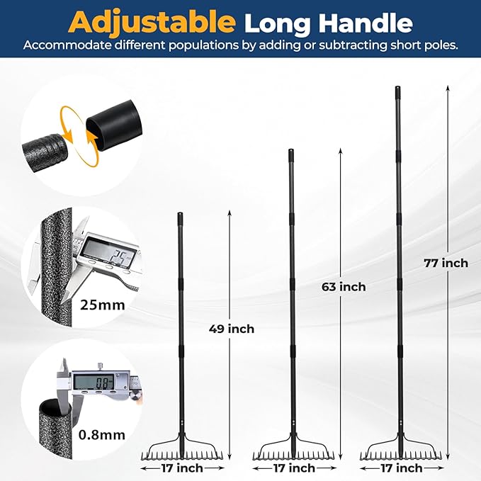 Garden Rake, 17" Extra Wide Double-Sided Head, 63" Heavy Duty Lightweight Stainless Steel Leaf Rake for Leveling Lawn, Loosening Soil, Leaf Cleanup, Soil Prep, Landscaping, Spread Mulch Fast