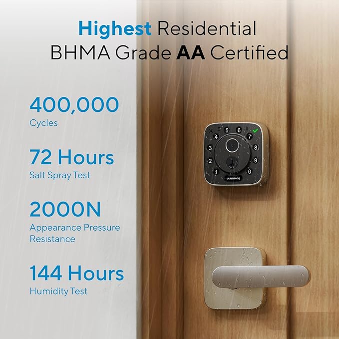 ULTRALOQ Bolt Fingerprint WiFi Smart Lock with Handle Lever Set, Front Door Lock Set, Keyless Entry Deadbolt with Fingerprint, App Remote Control, Keypad, Auto Unlock, 10 Mon. Battery, BHMA Certified