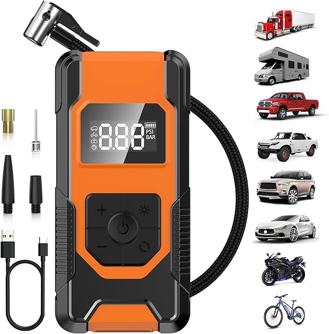 Portable Tire Inflator Air Compressor, 160PSI Rechargeable Cordless Air Pump for Car Tires with Digital LCD Display, 4X Faster Tire Inflation Electric Bike Pump Tire Pump for Car, Motorcycle, Truck