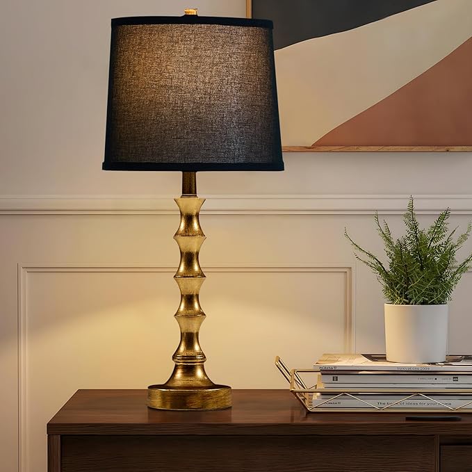 Gold Table Lamp 24" Nightstand Lamps Set of 2 Bamboo Shape Base Metal Desk Lamps with Linen Black Shade Modern Bedside Nightlight with USB A+C Ports Rustic Table Lamp for Farmhouse Dining Room