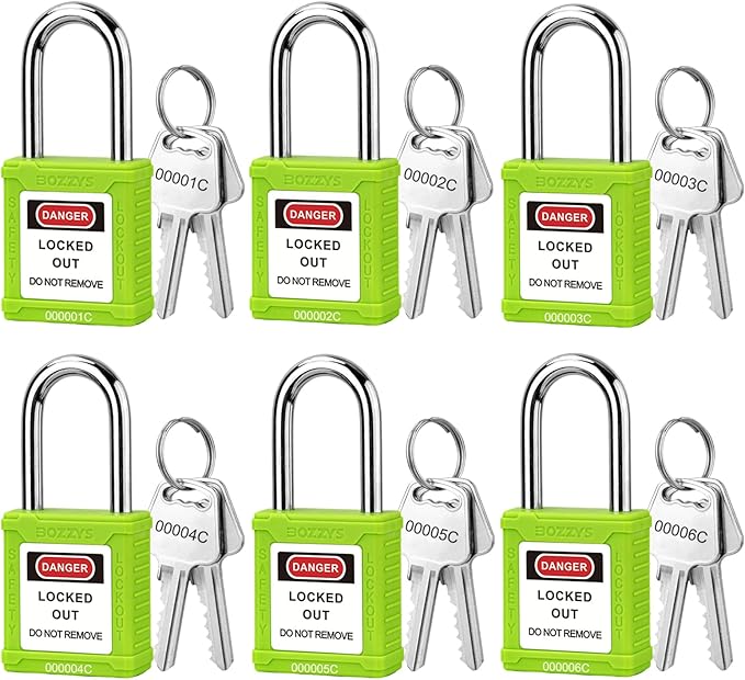 Lockout Tagout Locks 6-Pack｜OSHA Green Loto Locks Keyed Different｜2 Keys/Lock for Industrial Machinery & Electrical Panels｜Chrome Steel & Laser Coding